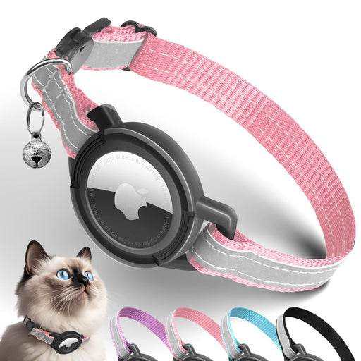 Pink reflective cat collar with black AirTag holder and bell, shown with Siamese cat and color