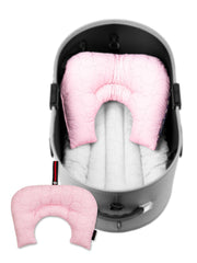 Pink quilted baby car seat head support pillow shown inside infant carrier and separately