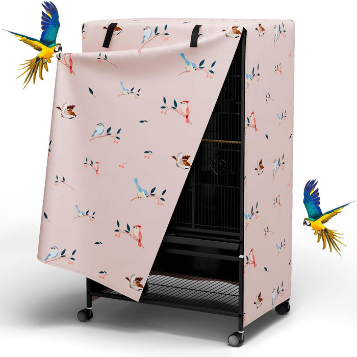 Pink bird cage cover with colorful bird pattern partially unzipped showing black cage inside
