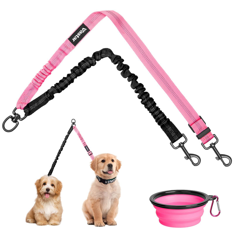 Pink and black adjustable double dog leash with two golden retriever puppies and collapsible bowl