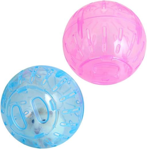 Two transparent hamster exercise balls in pink and blue colors with ventilation holes