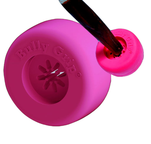 Pink bully stick holder with wooden stick inserted, showing top view of safety device