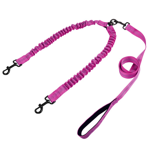 Pink dual dog leash with bungee shock absorber section and two clips laid out on white background