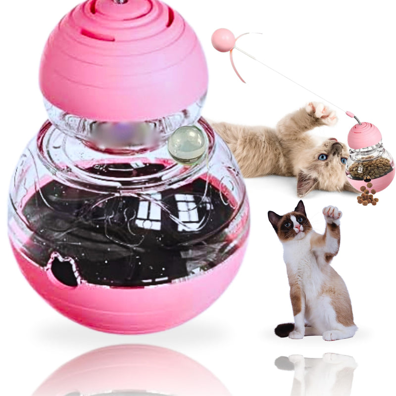 Pink interactive cat treat tumbler toy with clear center chamber and two cats playing