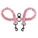 Pink checkered dual dog leash with elastic bungee cord and black metal clips on white background