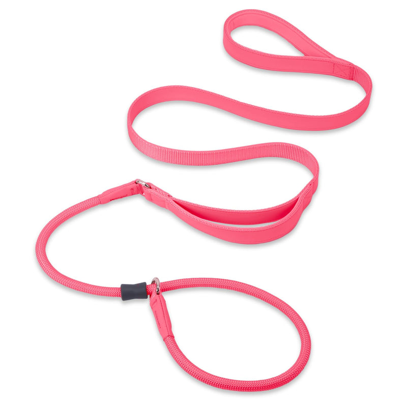Pink slip lead dog leash with double handles and rope collar section laid out in S-curve