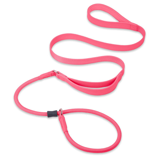 Pink slip lead dog leash with double handles and rope collar section laid out in S-curve