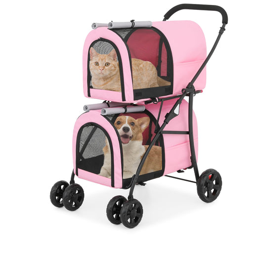 Pink double-decker pet stroller with orange cat in top compartment and corgi dog in bottom