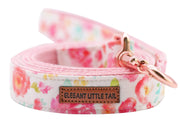 Rolled pink floral dog leash with rose gold clasp and Elegant Little Tail label
