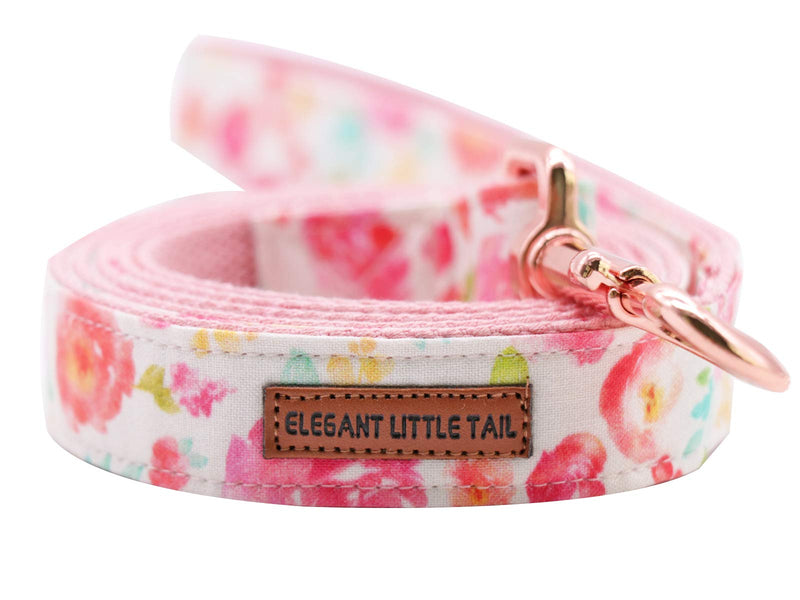 Rolled pink floral dog leash with rose gold clasp and Elegant Little Tail label