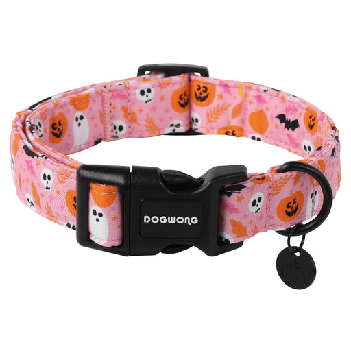 Pink Halloween dog collar with ghosts, pumpkins, and bats pattern, black buckle and D-ring