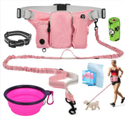 Pink hands-free dog walking belt with bungee leash collar collapsible bowl and waste bags set