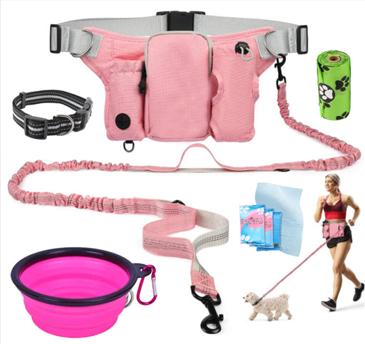 Pink hands-free dog walking belt with bungee leash collar collapsible bowl and waste bags set