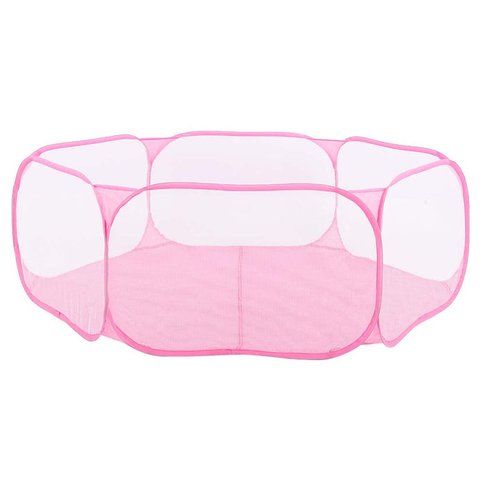 Pink mesh playpen with transparent sides shown fully expanded in hexagonal shape