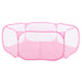 Pink mesh playpen with transparent sides shown fully expanded in hexagonal shape