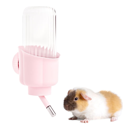 Pink no-drip water bottle with clear reservoir next to brown and white guinea pig on white