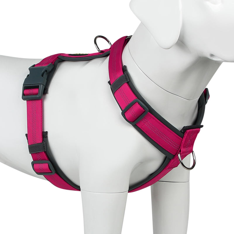 Pink reflective no-pull dog harness with black padding shown on white mannequin side angle