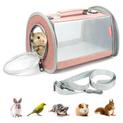 Pink and gray portable pet carrier with clear window showing hamster inside, includes shoulder strap