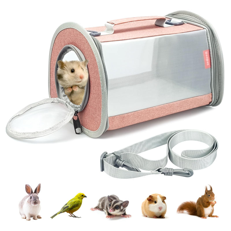 Pink and gray portable pet carrier with clear window showing hamster inside, includes shoulder strap