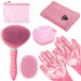 Pink pet grooming kit with brushes, massage gloves, towel, shampoo brush and storage bag