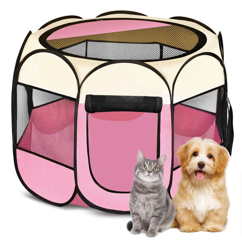 Pink portable pet playpen with mesh panels and zippered door, gray cat and golden dog sitting