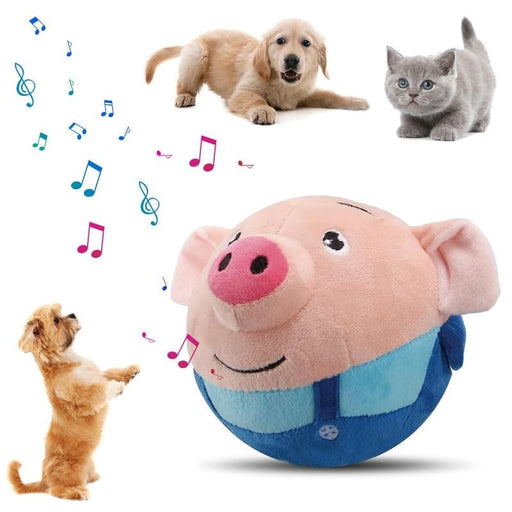 Pink pig plush dog toy with blue body surrounded by puppies, kittens and musical note graphics