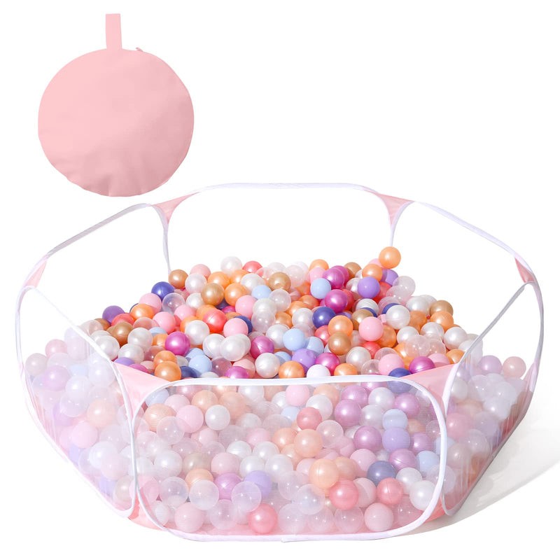 Pink hexagonal pop-up ball pit filled with colorful pastel balls with folded storage bag