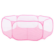 Pink portable pop-up small animal playpen with mesh panels and zippered opening on white background