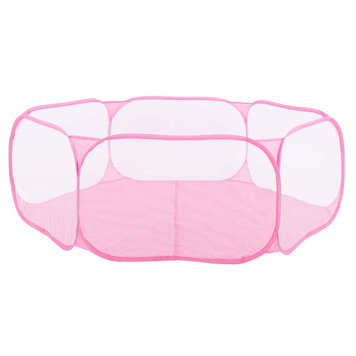 Pink portable pop-up small animal playpen with mesh panels and zippered opening on white background