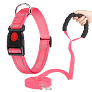 Pink reflective martingale dog collar with black buckle, matching leash and padded handle