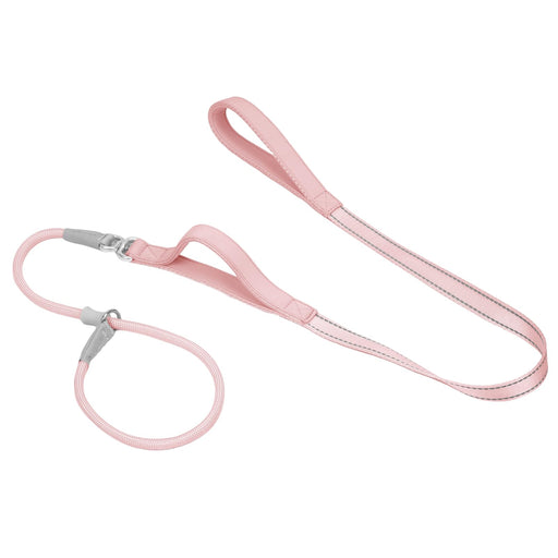 Pink reflective slip lead with rope collar and leather handle laid flat on white background