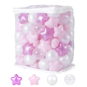 100 pink white and purple star and ball pit balls in white mesh storage bag