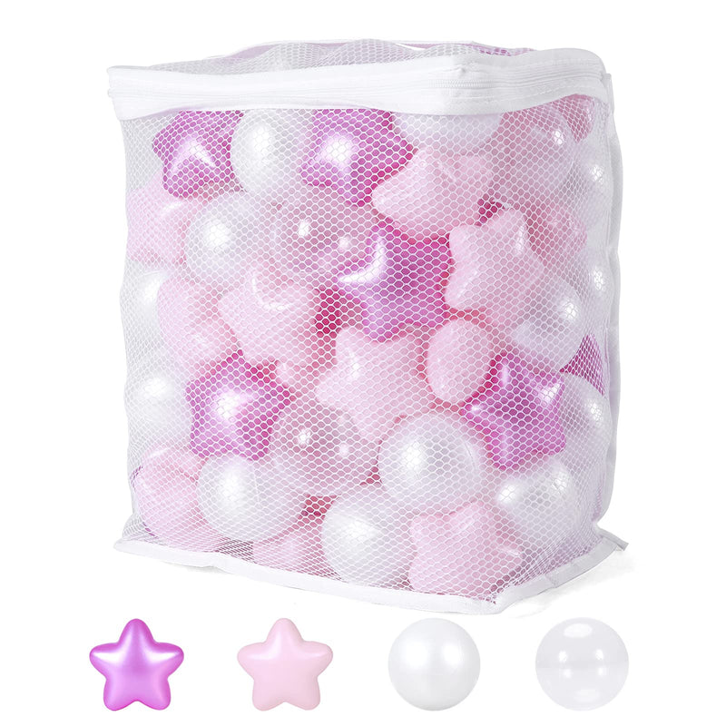 100 pink white and purple star and ball pit balls in white mesh storage bag