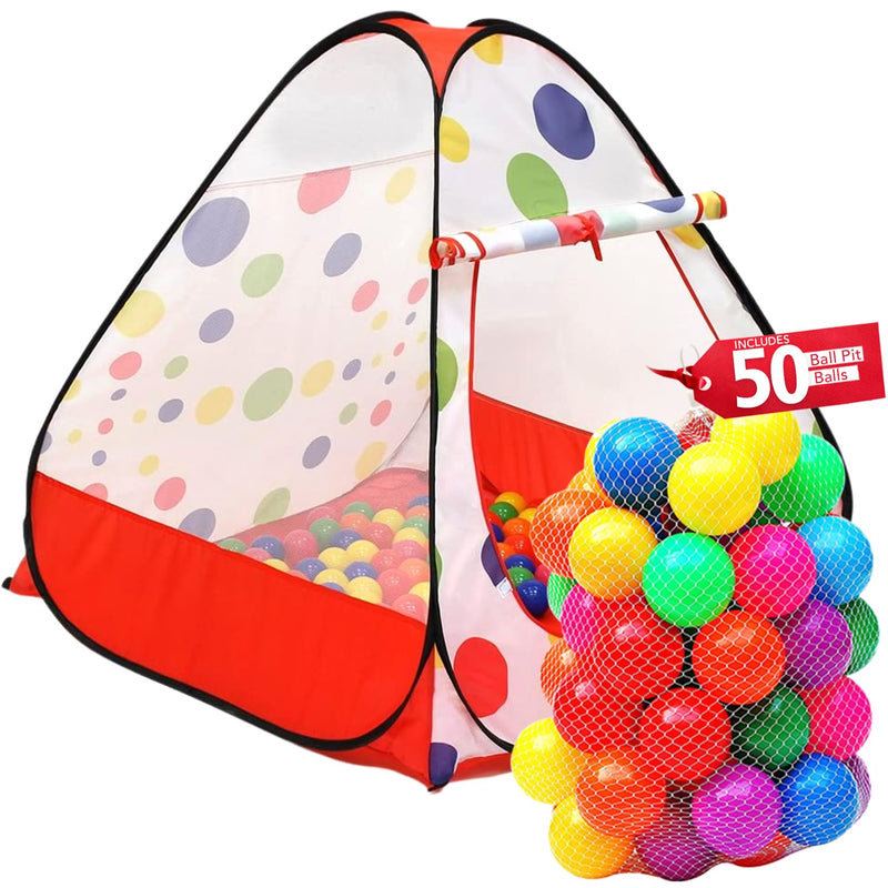 Polka dot pop-up play tent with mesh bag of 50 colorful ball pit balls included
