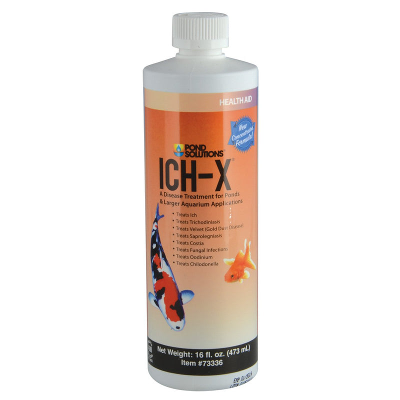 Orange Pond Solutions Ich-X bottle with white cap showing koi fish graphics and disease