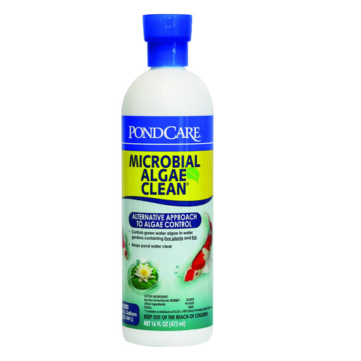 Front view of PondCare Microbial Algae Clean bottle with blue cap and green fish graphics