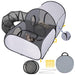 Gray and white pop-up cat playpen with mesh tunnel and carrying bag shown with setup stakes