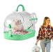 Clear portable guinea pig carrier with green base and handle, showing white hamster inside