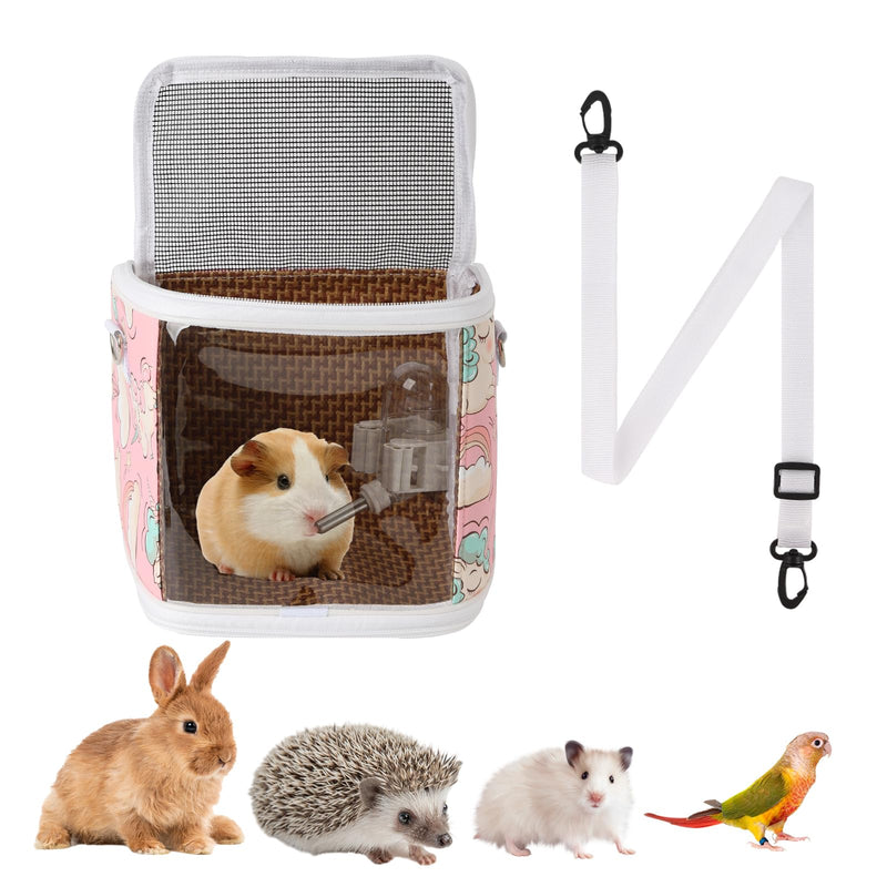 Pink portable guinea pig carrier with mesh top, water bottle attachment and small animals below