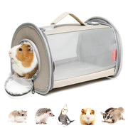 Gray and beige small animal carrier with guinea pig peeking out of circular opening