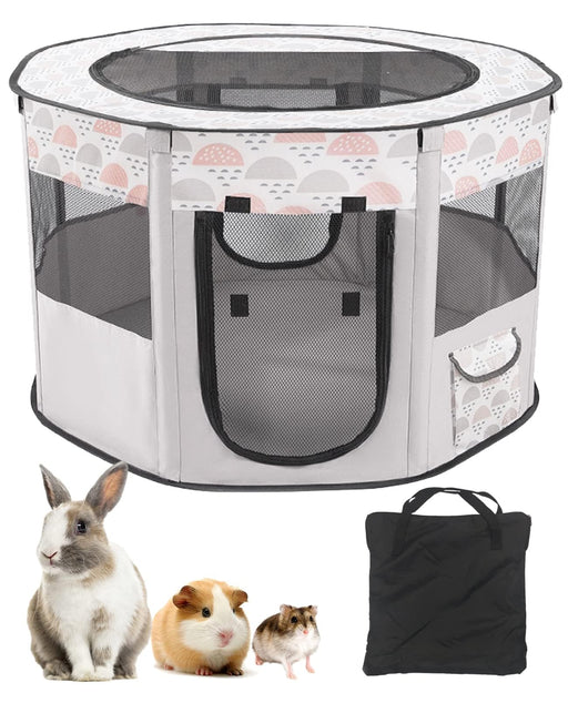 Portable pet playpen with pink cloud pattern, mesh panels, and carrying bag shown with rabbit