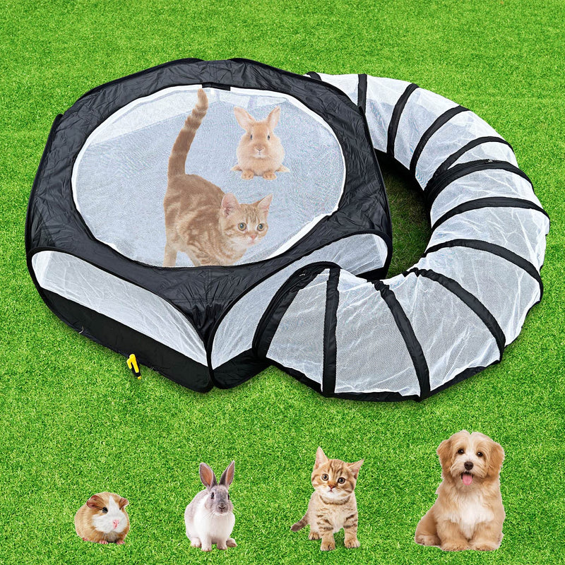 Portable pet playpen with tunnel on grass showing orange kitten and rabbit inside, other pets