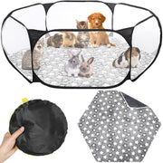 Portable pet playpen with various small animals inside and folded carrying bag with star mat below