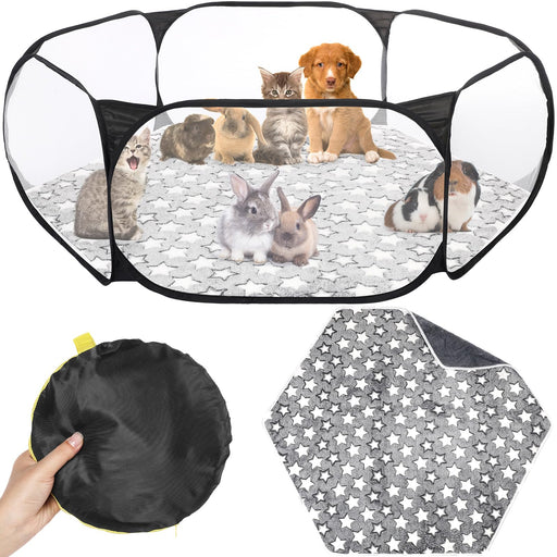Portable pet playpen with various small animals inside and folded carrying bag with star mat below