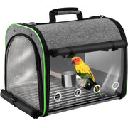 Gray bird travel carrier with green trim showing colorful parrot perched inside on wooden stand