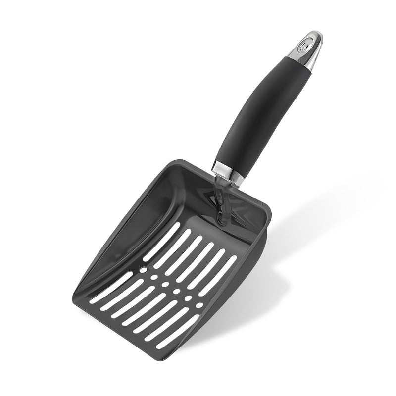 Black cat litter scoop with ergonomic handle and slotted metal scooping surface