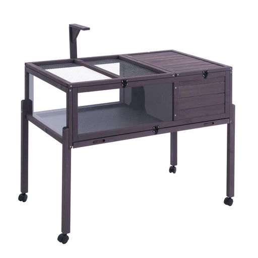 Dark wood tortoise house with elevated stand, mesh ventilation panels, and rolling wheels