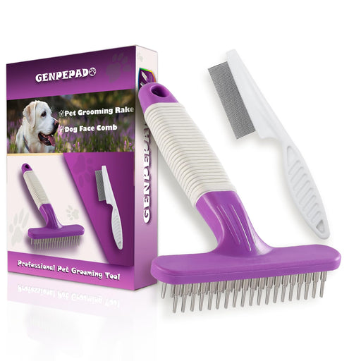 Purple and white dog grooming rake and comb set with packaging box showing professional tools