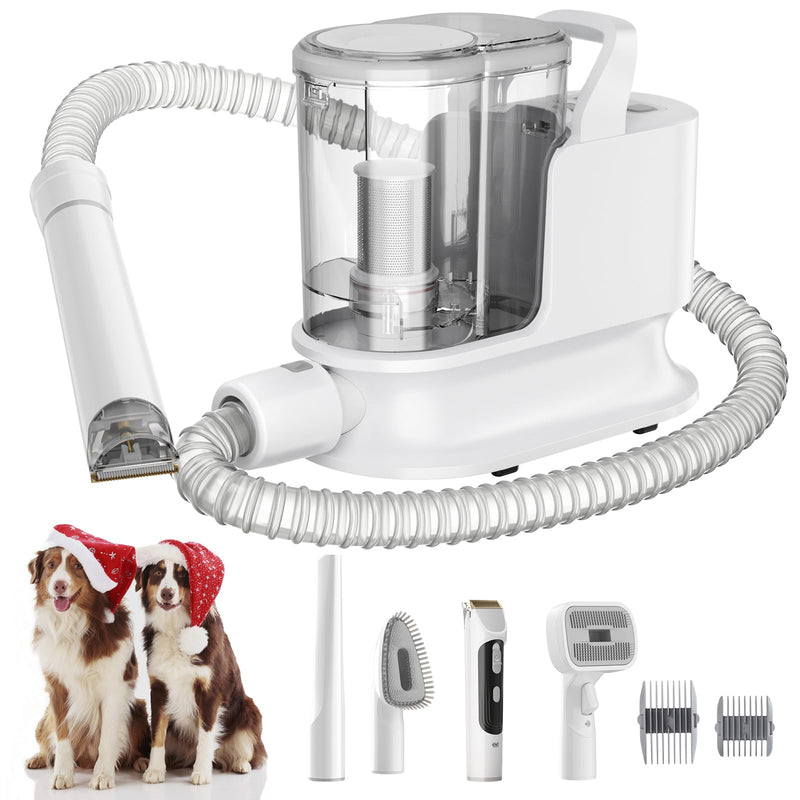 White pet grooming vacuum with clear canister, flexible hose, and brush attachments next to two dogs