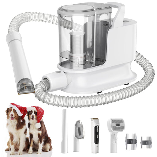White pet grooming vacuum with clear canister, flexible hose, and brush attachments next to two dogs